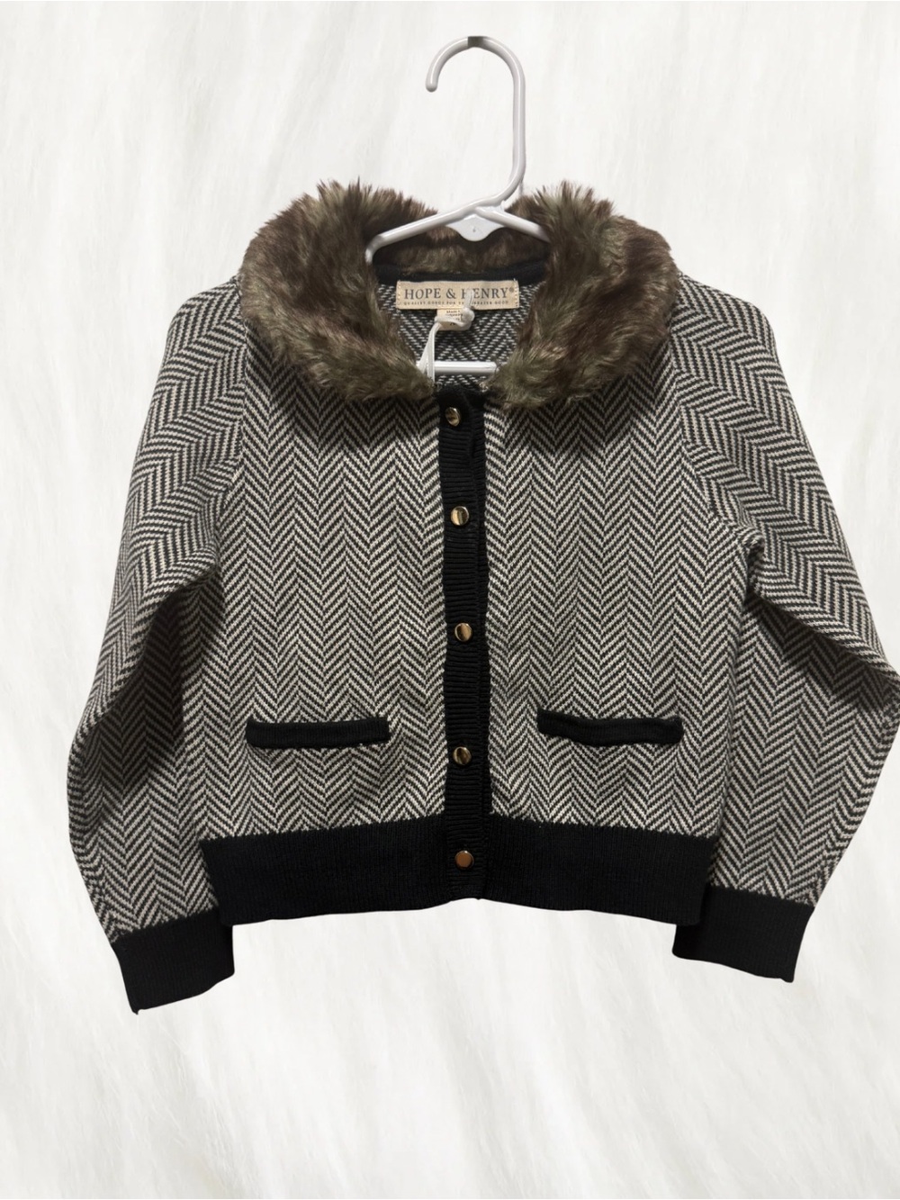 Hope & Henry Girls' Black and Cream Herringbone Jacket with Faux Fur Collar